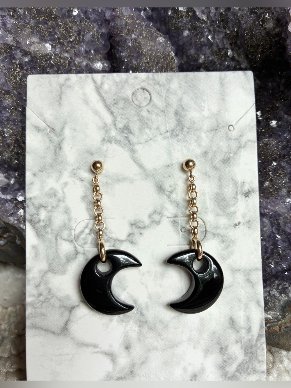 Peter Brams Designs 14 K Gold and Black Onyx Crescent Moon Drop Earrings